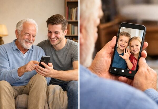 Senior erhält Unterstützung bei der Nutzung eines Smartphones und bleibt mit seiner Familie in Kontakt