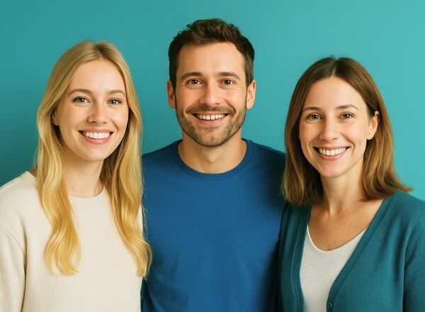 Drei lächelnde Personen vor türkisfarbenem Hintergrund, Symbolbild für die Community von KnowS