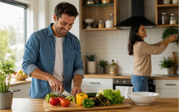 Man preparing food in the kitchen representing everyday support and local services in Switzerland with KnowS
