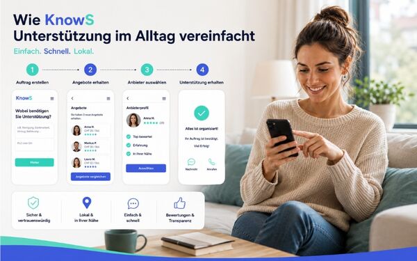 Woman using smartphone to easily find everyday support and services in Switzerland with KnowS platform