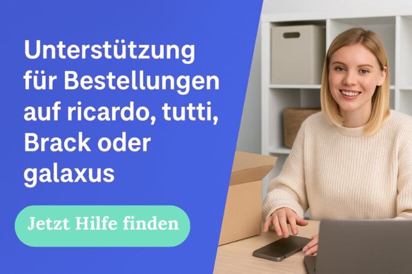 Blondhaarige Frau mit Laptop sitzt lächelnd am Tisch, Text auf dem Bild „Unterstützung für Bestellungen und Aufträge in deiner Nähe“ - Symbolbild für einfache Hilfe mit KnowS
