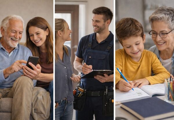 Everyday help in Switzerland, people receiving support with technology, handyman services, tutoring and care
