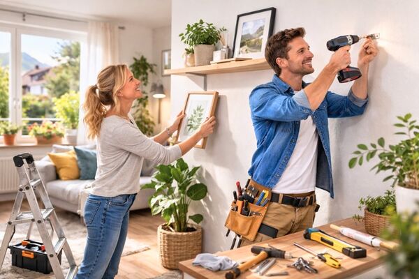 Craftsman assembling a shelf in an apartment in Switzerland, typical repair and assembly work in the home with support from KnowS.