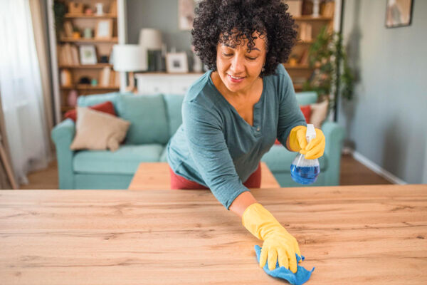 A cleaner wiping a table in a bright, modern apartment.
