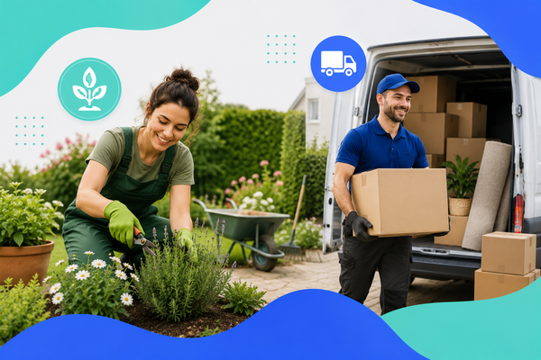 Gärtnerin bei der Gartenpflege und Umzugshelfer beim Transport von Umzugskartons in der Schweiz