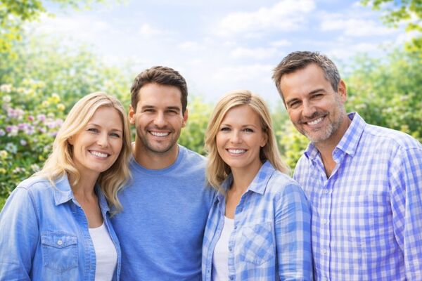 Zufriedene Familie vor ihrem sauberen Zuhause in der Schweiz, Ergebnis nach Reinigung und Unterstützung im Haushalt über KnowS