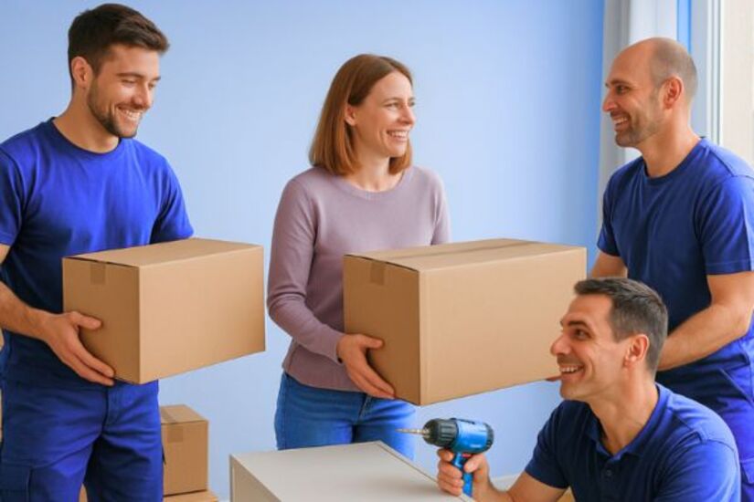 Umzugshelfer tragen Kartons in eine Wohnung – Unterstützung im Alltag mit KnowS in der Schweiz