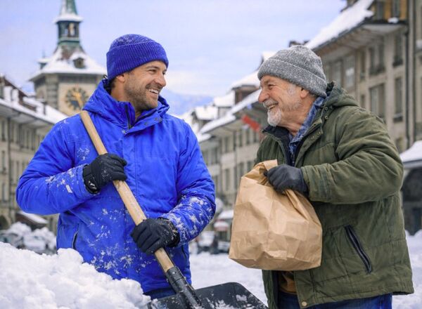 Winter Projekt in der Schweiz, zwei Männer helfen sich im Schnee bei Erledigungen und Unterstützung im Alltag