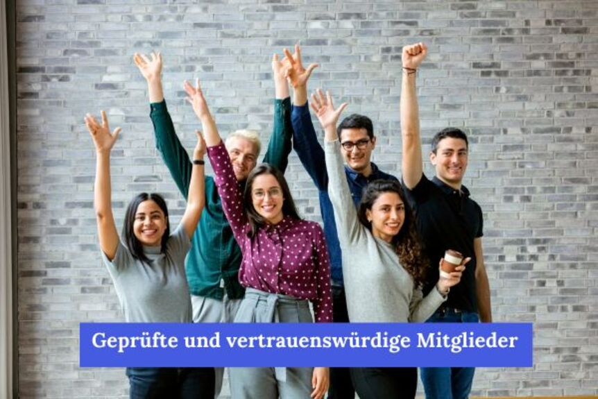 Verified and trustworthy members at KnowS Group of people raise their hands and show joy, plus reference to verified and trustworthy KnowS members