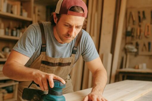 Handwerker bearbeitet Holz mit einer Schleifmaschine, professionelle Hilfe mit KnowS in der Schweiz