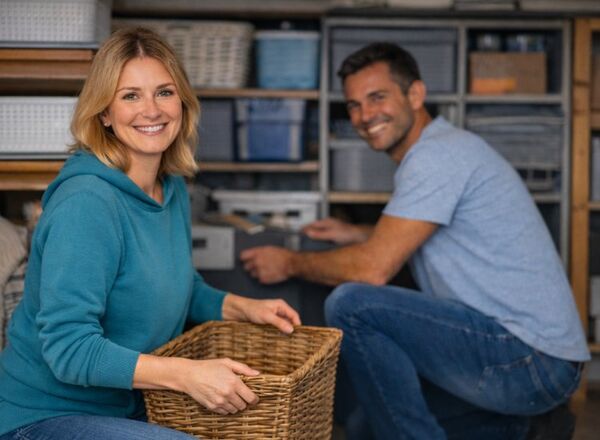 Winter Projekt in der Schweiz, Paar schafft Ordnung im Zuhause und organisiert gemeinsam den Wohnraum