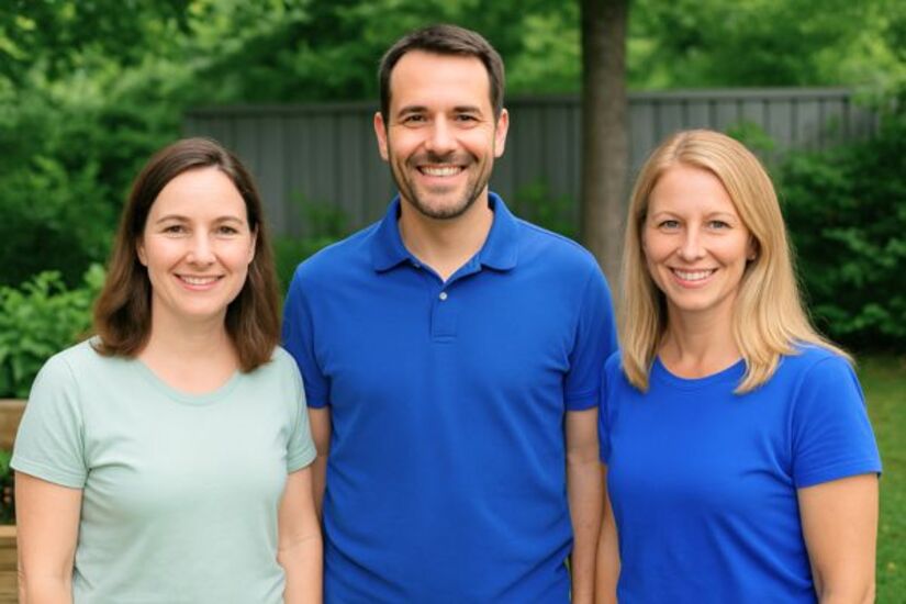 Gemeinsam reparieren statt wegwerfen – nachhaltige Lösungen in der Schweiz Drei Personen lächeln in die Kamera, Symbol für Gemeinschaft und Nachhaltigkeit beim Reparieren in der Schweiz.