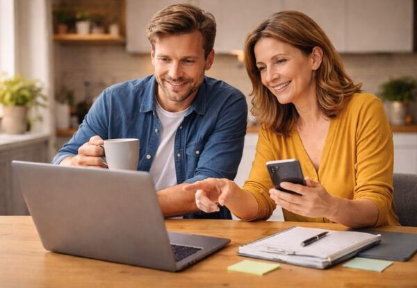 Two people using KnowS on a laptop and smartphone to find jobs and offer services