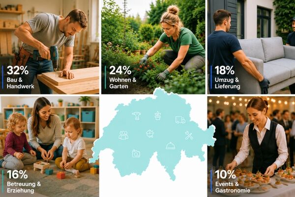 Overview of the most popular local services in Switzerland, including Construction & Handyman, Home & Garden, Moving & Delivery, Care & Education, and Events & Gastronomy from the KnowS Report "Switzerland Helps 2026". 