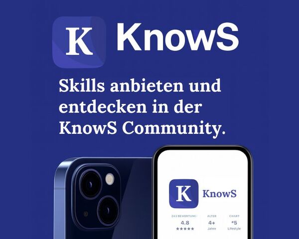 Darstellung der KnowS App mit Smartphone und App Icon, Symbolbild für Skills anbieten und Unterstützung finden