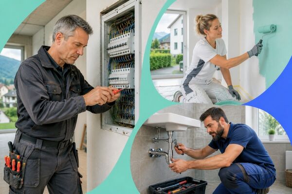 Electrician, painter and plumber performing typical construction and handyman services in Switzerland. Collage from the KnowS Report "Switzerland Helps 2026".