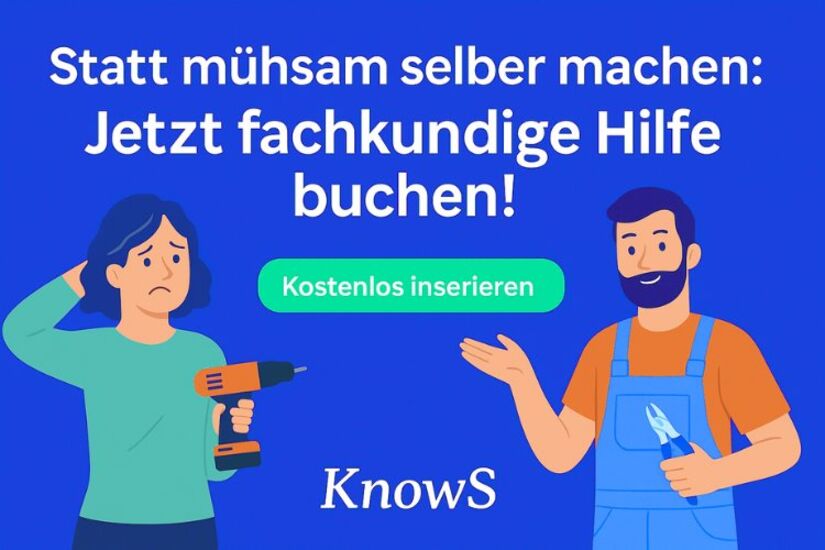 Illustration einer Frau mit Werkzeug und eines Mannes mit Schraubenzieher, Text auf dem Bild „Statt mühsam selber machen: Jetzt fachkundige Hilfe buchen“ – Symbol für professionelle Unterstützung über KnowS