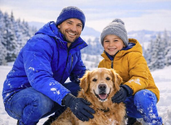 Winter Projekt in der Schweiz, Betreuung von Kind und Hund im Schnee mit Unterstützung aus der Nähe