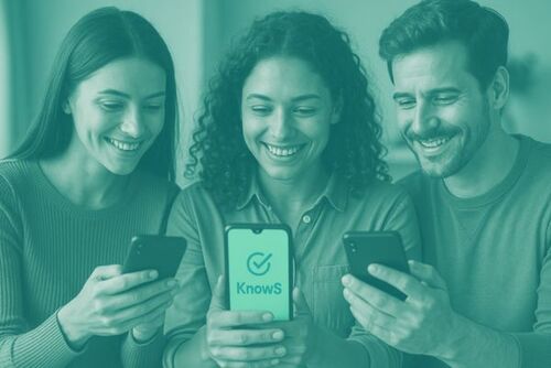 Drei Personen sehen auf ihre Smartphones und nutzen die KnowS App, um lokale Hilfe oder Aufträge zu finden