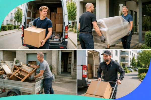 Furniture moving, moving assistance, delivery services, and home and basement clearance in Switzerland. Collage from the KnowS Report "Switzerland Helps 2026".