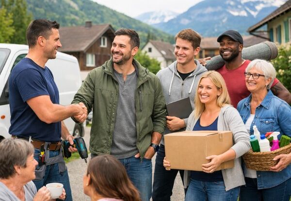 Diverse people in Switzerland helping each other with moving, cleaning and handyman tasks, real community collaboration in a neighborhood.
