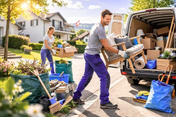 Mann lädt Möbel und Gegenstände in einen Transporter in der Schweiz, typische Entsorgung und Transportarbeit beim Frühlingsputz mit Unterstützung über KnowS