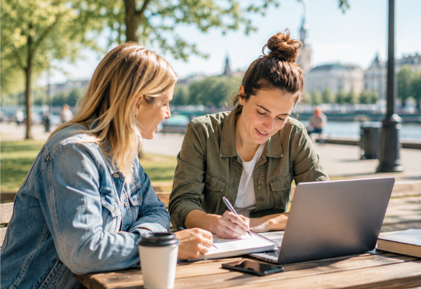 Zwei Personen planen gemeinsam einen flexiblen Nebenjob und arbeiten im Freien in der Schweiz.
