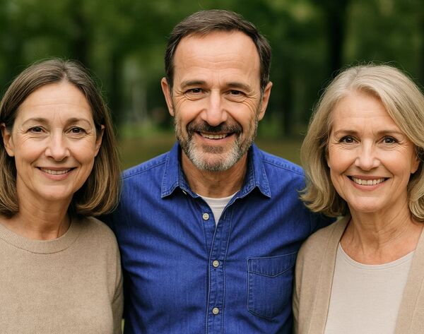 Three people, two women and a man between 30 and 60, smile into the camera, symbolising satisfied customers after craftsmanship work in Switzerland.