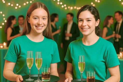 Zwei junge Frauen lächeln bei einem Fest und halten Gläser in der Hand – Symbol für Gemeinschaft und gelebte Nachbarschaftshilfe in der Schweiz.