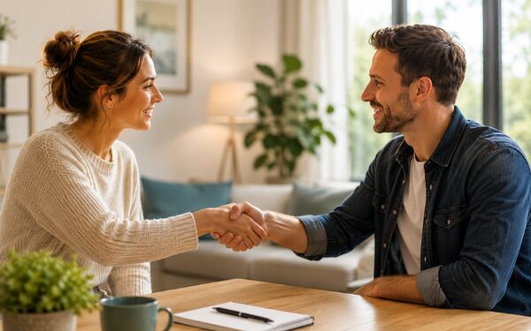 Woman and man shaking hands after successful everyday support service in Switzerland with KnowS