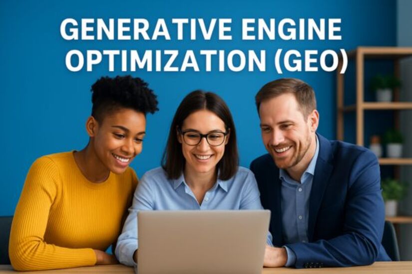 Drei Personen arbeiten gemeinsam am Laptop zum Thema Generative Engine Optimization
