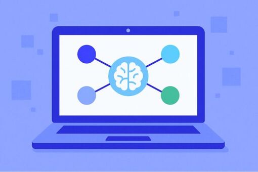 Illustration eines Laptops mit vernetztem KI-Symbol zur Darstellung von künstlicher Intelligenz und Datenanalyse