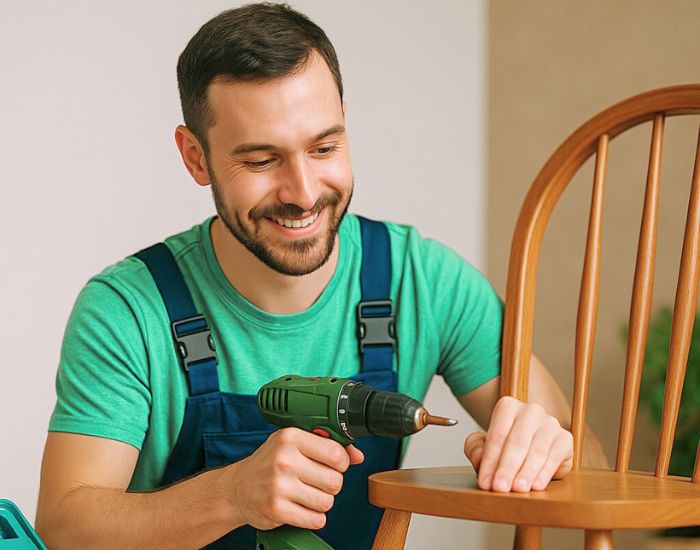 Handwerker repariert einen Stuhl - Beispiel für Reparieren statt wegwerfen mit KnowS, von Möbeln über Kleidung bis zu Alltagsgeräten in der Schweiz