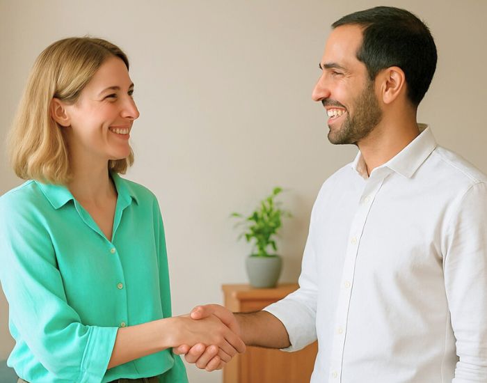 Ein Vertreter von KnowS und Bos Schweiz geben sich die Hand – Symbol für Partnerschaft, Vertrauen und nachhaltige Nachbarschaftshilfe mit KnowS in der Schweiz