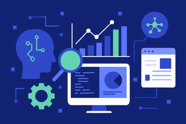 Illustration eines Monitors mit Diagrammen, Datenpunkten und KI-Symbol zur Darstellung von SEO-Analyse und digitalem Marketing