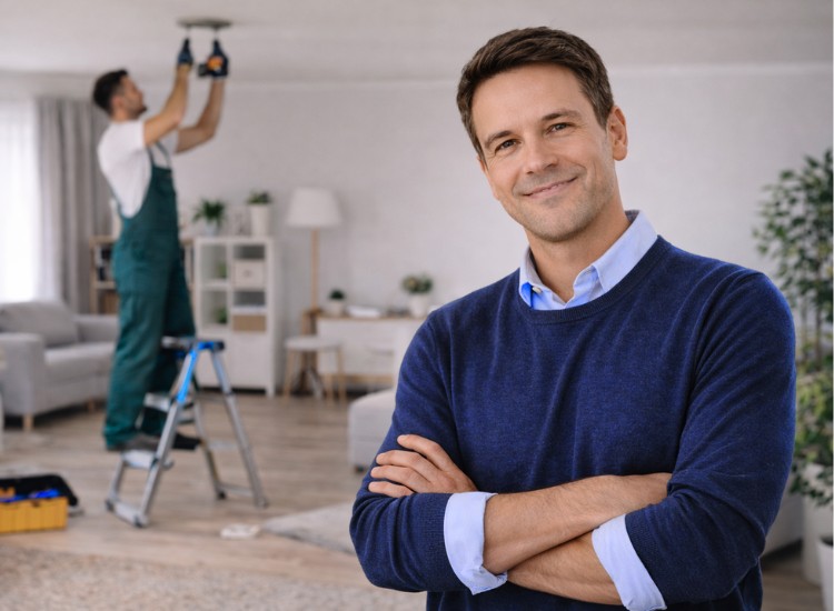 Mann aus Bern steht zufrieden in seiner Wohnung nachdem ein Handwerker über KnowS Lampen montiert hat