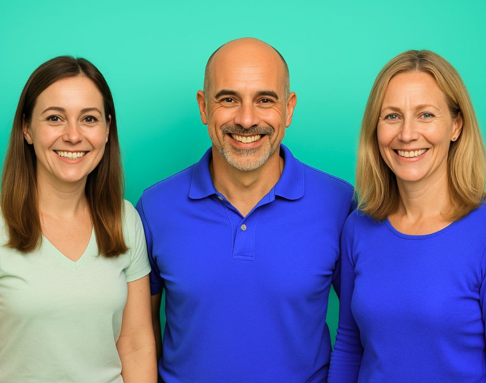 Three people aged between 25 and 55 smile warmly at the camera, symbolising satisfied users after booking gardening help via KnowS.