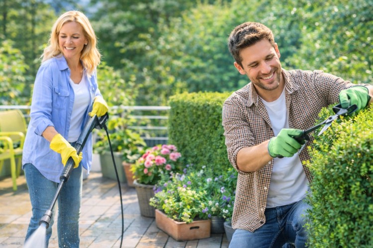 Cleaning the balcony and preparing the garden in Switzerland; outdoor areas are maintained after winter with support from KnowS.