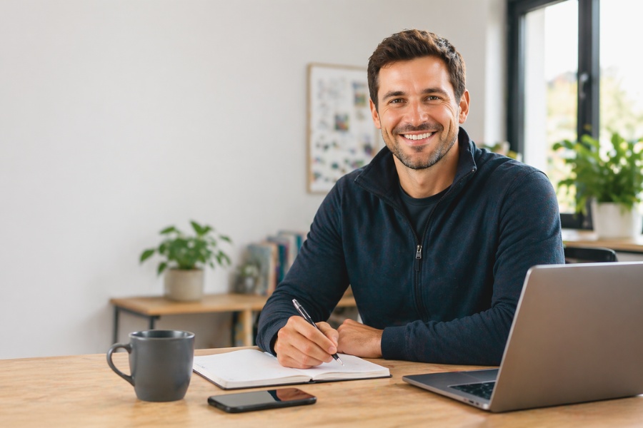 Dienstleister in der Schweiz erhält Aufträge über KnowS Plattform und arbeitet am Laptop im Homeoffice