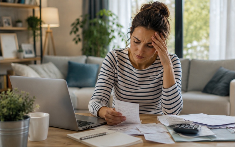 Woman stressed at laptop with bills looking for everyday support and services in Switzerland with KnowS