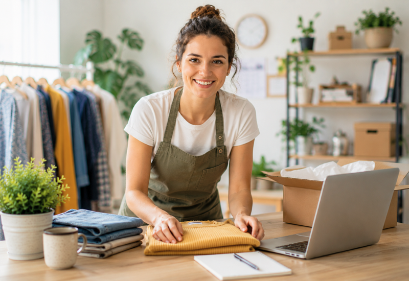 Junge Frau präsentiert ihre Fähigkeiten und bereitet Produkte für ihren flexiblen Nebenjob in der Schweiz vor.