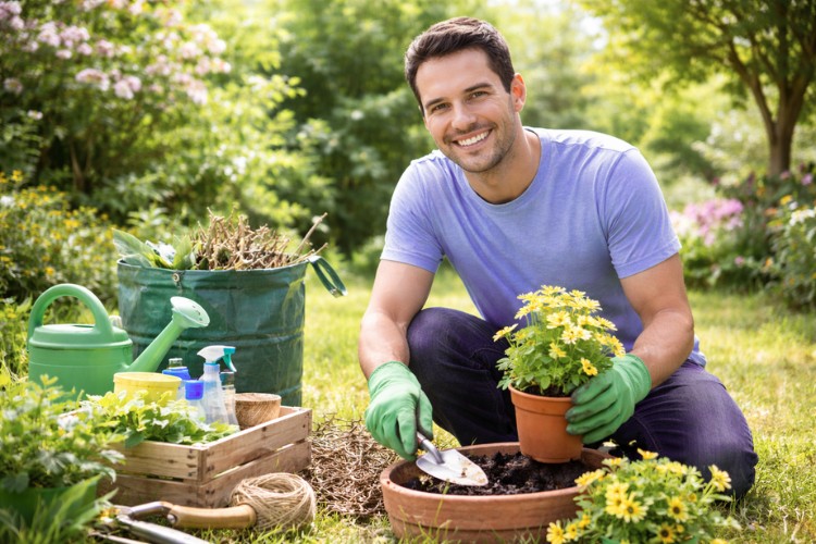 Gartenarbeit im Frühling in der Schweiz, Pflanzen umtopfen und Garten vorbereiten mit Unterstützung über KnowS