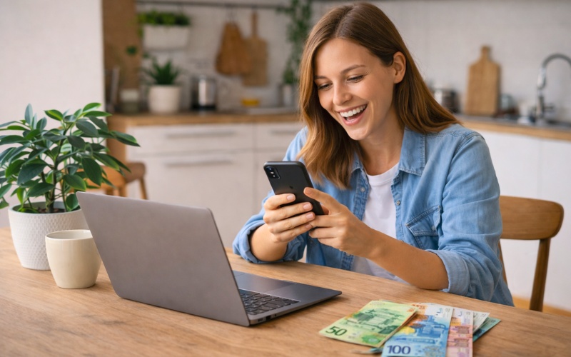 Frau erhält Anfrage auf dem Smartphone und verdient Geld mit Unterstützung im Alltag über KnowS