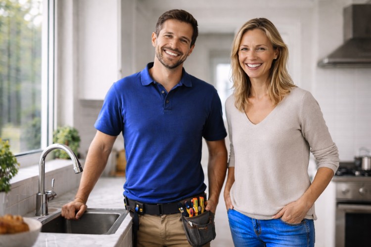 Craftsman and satisfied customer after completing a job in an apartment in Switzerland thanks to KnowS