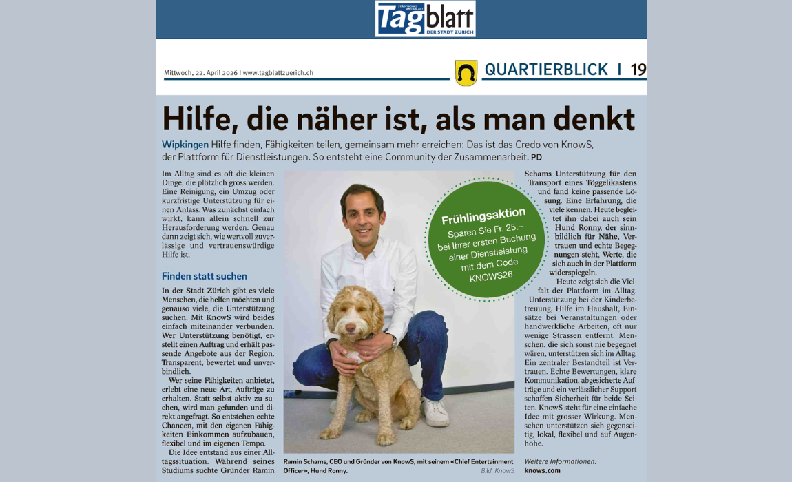 Hilfe finden in Zürich mit KnowS, Artikel über lokale Unterstützung und Dienstleistungen