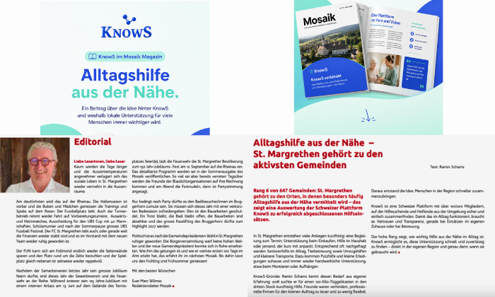 KnowS wird im Mosaik Magazin vorgestellt und zeigt, wie Menschen Unterstützung im Alltag in ihrer Region finden können.