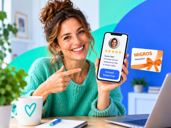User reviewing the KnowS app with a Migros voucher