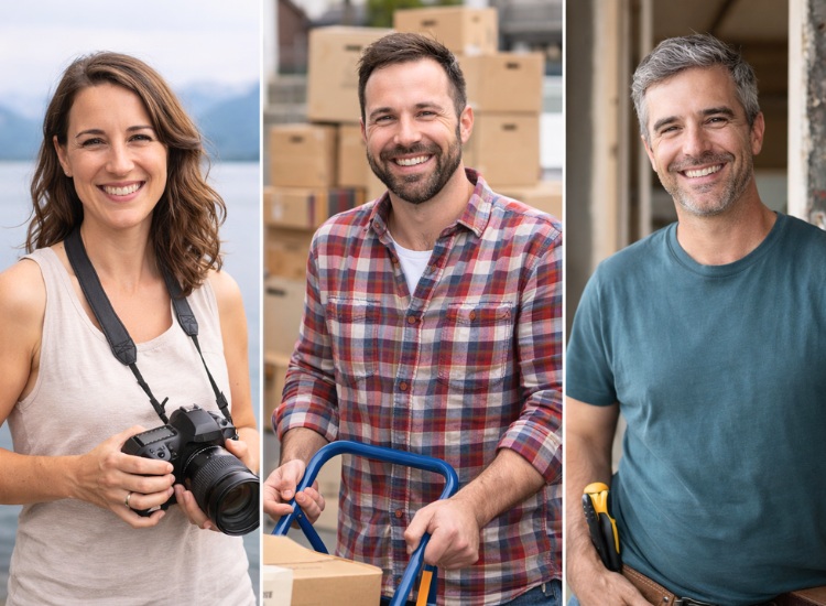 Drei Dienstleister aus der Schweiz, Fotografin, Umzugshelfer und Handwerker, lächeln in die Kamera und stehen für lokale Dienstleistungen auf KnowS