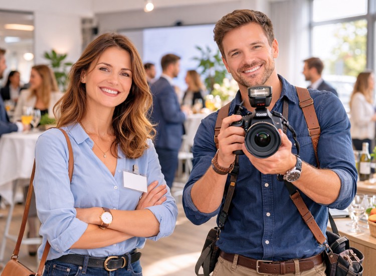 Junges Paar an einem Firmenanlass in Basel während ein Fotograf Fotos macht der über KnowS gebucht wurde