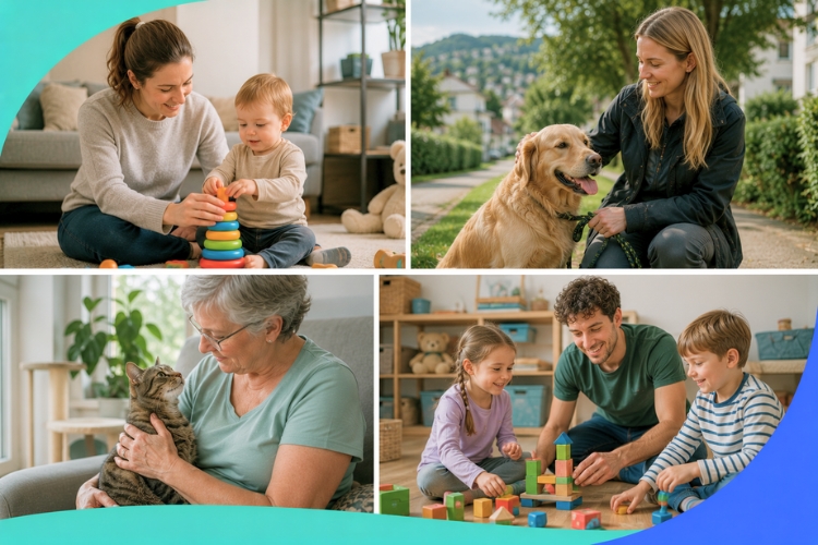 Kinderbetreuung, Babysitting sowie Hunde- und Katzenbetreuung in der Schweiz. Collage aus dem KnowS Report «Die Schweiz hilft 2026».